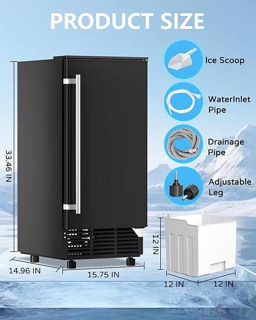 Commercial Ice Maker Machine Reversible Door 120LBS/Day, Undercounter Ice Makers 30LBS Storage Bin and 40 Ice Cubes, Icemaker Machine Brushed Metal with Water Line, Ice Scoop