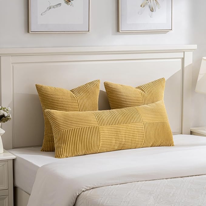 Fancy Homi 2 Packs Mustard Yellow Decorative Throw Pillow Covers 18x18 Inch for Living Room Couch Bed, Farmhouse Boho Home Decor, Soft Corss Corduroy Patchwork Textured Accent Cushion Case 45x45 cm