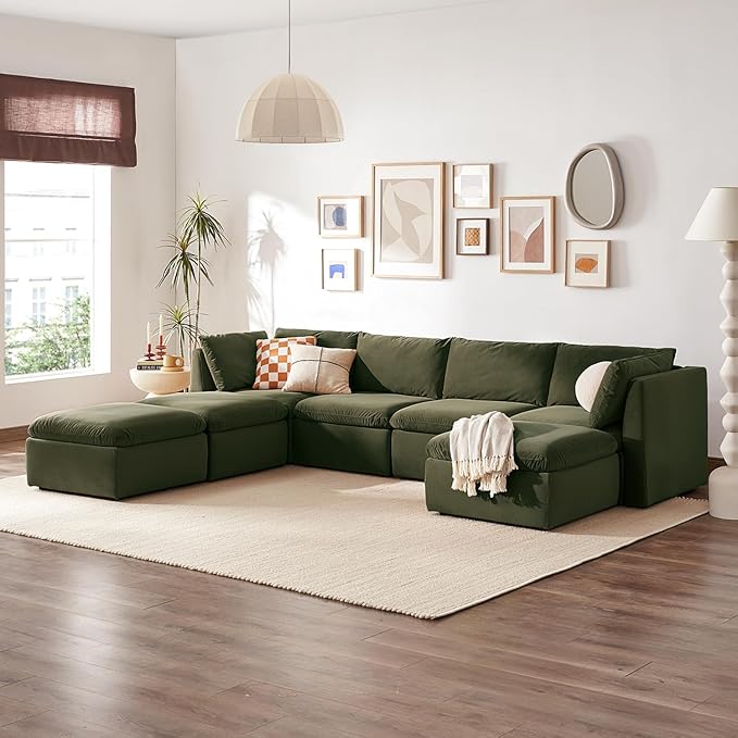 mopio Oversized Modular Sectional Sofa with Fully Removable Covers and Storage, Convertible U, L-Shaped and Sleeper Sectional, Modern Couches with Ottoman Chaise (Olive Green Velvet, 7 Seats, U)