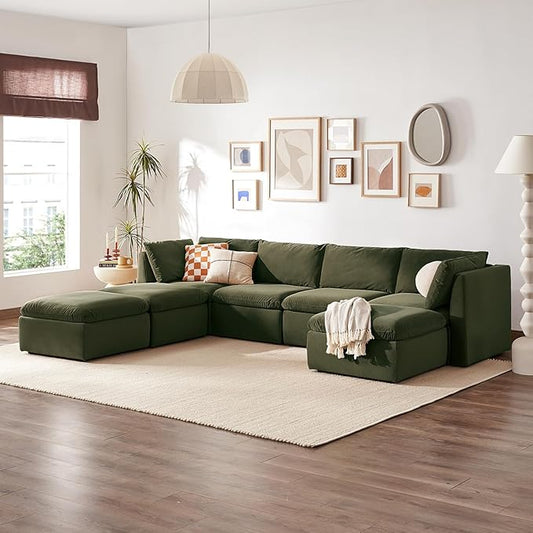 mopio Oversized Modular Sectional Sofa with Fully Removable Covers and Storage, Convertible U, L-Shaped and Sleeper Sectional, Modern Couches with Ottoman Chaise (Olive Green Velvet, 7 Seats, U)