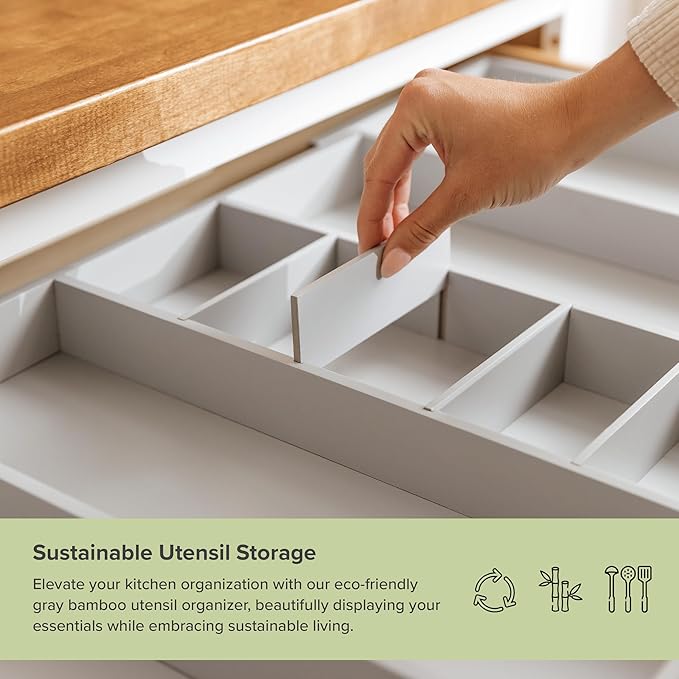 Adjustable Kitchen Drawer Organizer for Utensils and Junk, Food-Safe Contract Grade with 100% Sustainable Wood, Expandable from 19 to 33 Inches Wide - Gray Bamboo