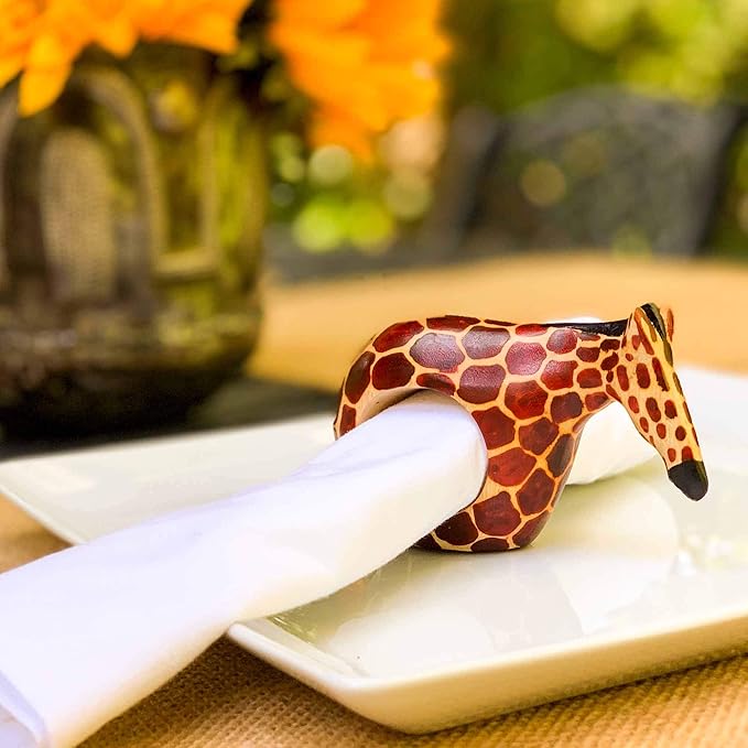 Handcarved Mahogany Wooden Napkin Ring Holders, Giraffe, Set of 6 (KWF012_G)