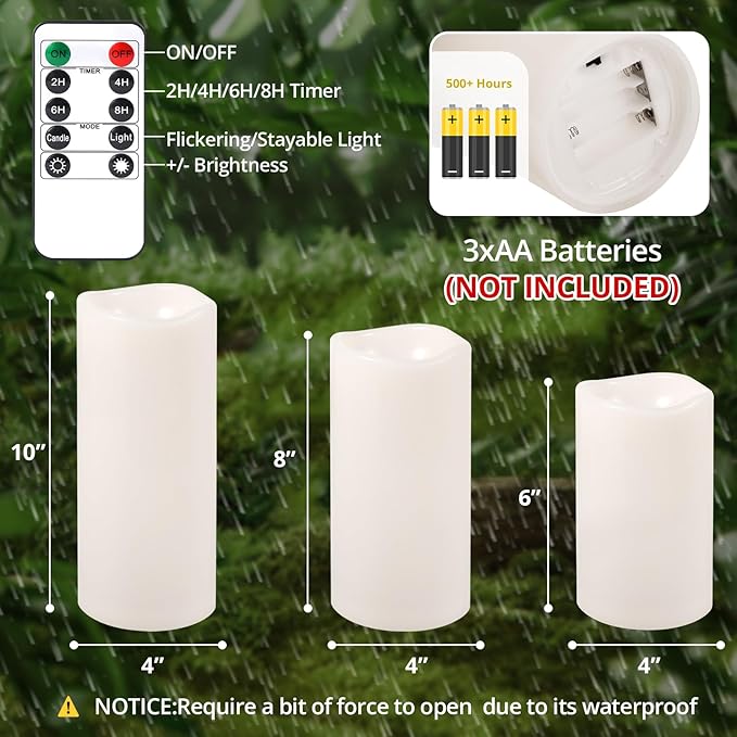 NURADA Large Waterproof Flameless Candles 6" 8" 10" x 4" - Outdoor Indoor LED Pillar Flickering Candle Battery Operated with Timer Remote for Patio Porch Lanterns - Ivory White Set of 3