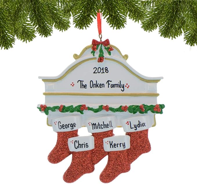 3D White Mantle Family of 5 Christmas Ornament 2025 Personalized Family Christmas Ornaments 2025 | Garland Fireplace Personalized Tree Ornaments Customizable Gifts Red Stockings of Five Ornament