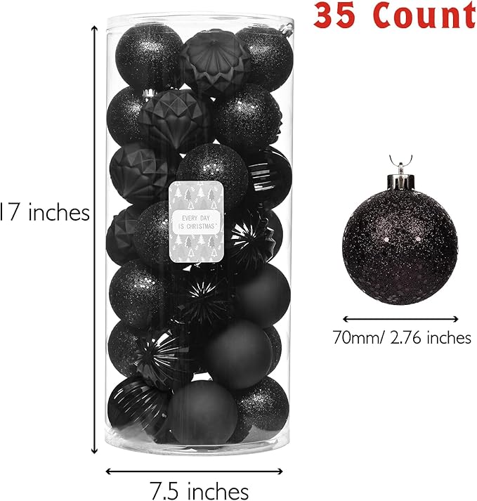 Every Day is Christmas Ornaments, Shatterproof Christmas Tree Ornament Set, Christmas Balls Decoration 35 Count (2.75"/70mm, Black)