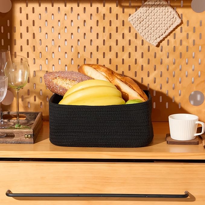 Small Storage Baskets for Organizing | Closet Organizer Bins | Shelf Toy Basket | Woven Rope Baskets | Cube Decorative Box | Shallow Basket | 11.5x7.5x4.7” | 4 Packs Black