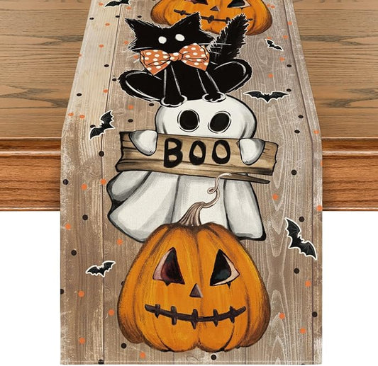 Artoid Mode Jack-O'-Lantern Ghost Pumpkin Cat Boo Halloween Table Runner, Bat Seasonal Kitchen Dining Table Decoration for Home Party Decor 13x72 Inch