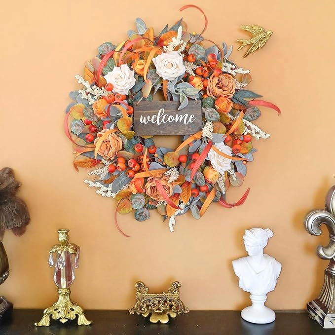 Fall Wreath for Front Door, 24 Inch Autumn Wreath with lamb's Ear Leaves, Roses, Berries & Wooden Sign,Fall Decorations for Home, Artificial Flowers Harvest and Thanksgiving Indoor & Outdoor