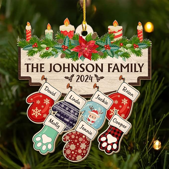 Family with Pet Ver 2 - Personalized Custom Wood Ornament, Family Gloves Christmas Ornament 2024, Xmas Ornament Gifts for Family Tree Decoration (A06, 9 Names)