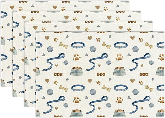 Dog Paw Print Placemats Set of 4, Puppy Pets Themed Table Mat for Home Kitchen, Restaurants, Outdoor Linen Washable Place Mats 12x18 inch Party Event Dining Decoration-08