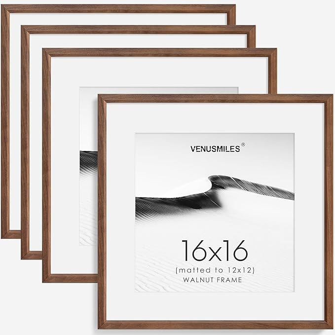16x16 Picture Frame Set of 4 Natural Solid Walnut Photo Frames with 12x12 Removable Mat Wall Hanging Large Handcrafted Frame with HD Plexiglass Wall and Tabletop Display Large Poster Frame