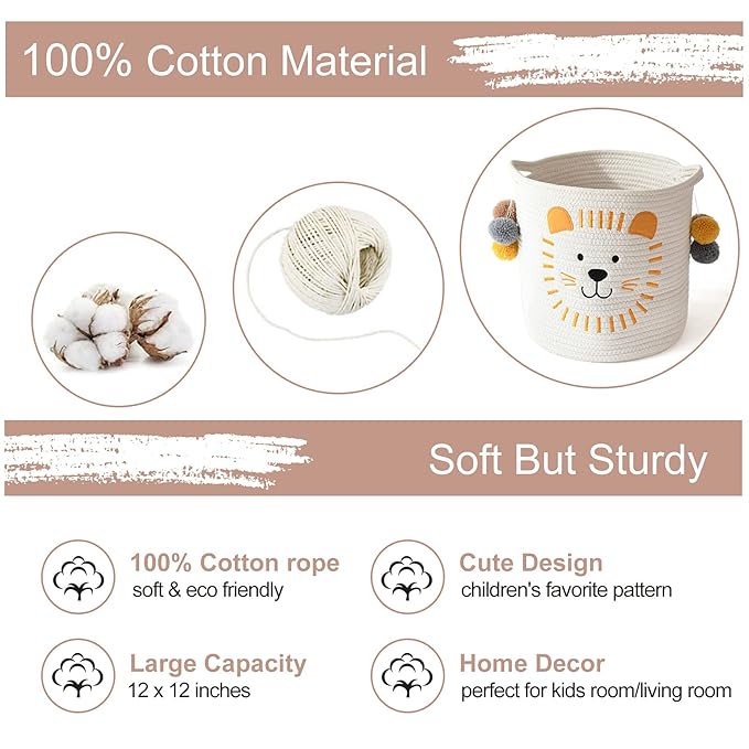 INough Toy Storage Baskets Cute Laundry Basket with Handles Dog Toy Storage Basket Durable Large Cotton Rope Storage Bins Home Organizer Solution for Office, Bedroom, Closet, Toys & Laundry (Lion)