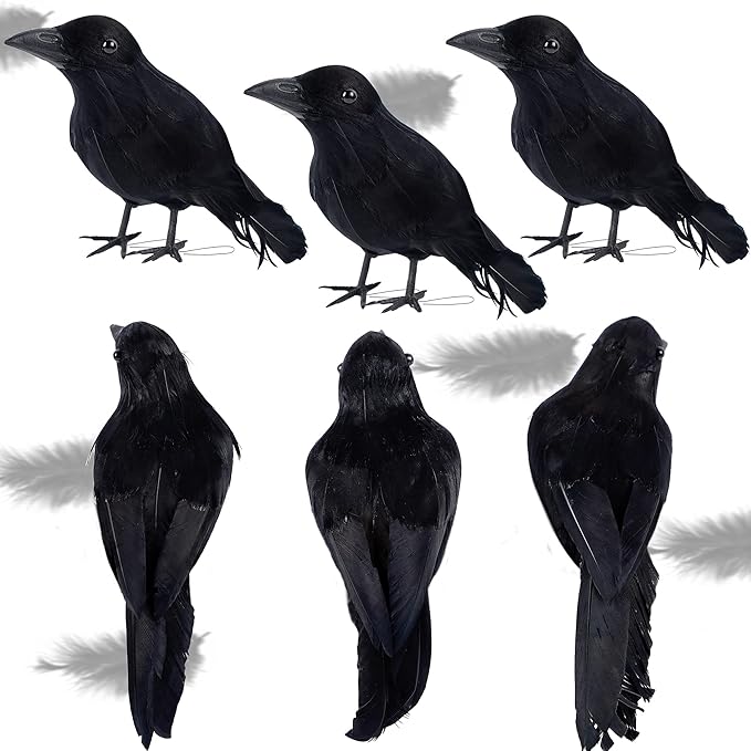 ATDAWN 6 Pack Halloween Black Feathered Crows, Realistic Halloween Birds Decoration for Spooky Decor