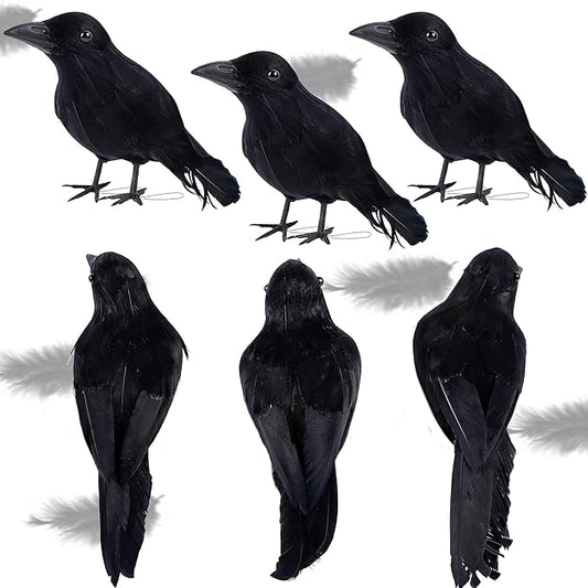 ATDAWN 6 Pack Halloween Black Feathered Crows, Realistic Halloween Birds Decoration for Spooky Decor