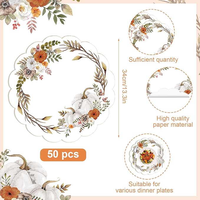 50Pcs Fall Flower Oval Paper Placemats,13.4 Inch Watercolor Pumpkin Leaves Round Table Mats Fall Thanksgiving Scalloped Disposable Placemats for Autumn Thanksgiving Birthday Party Supplies