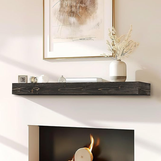 48x8x3 Fireplace Mantel - Handcrafted Hollow Rustic Solid Wood Wall Mounted Floating Shelf with Invisible Heavy Duty Wood Bracket (Weathered Black)