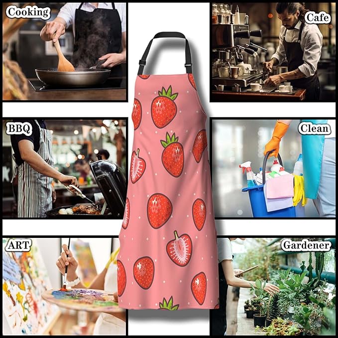 Kitchen Apron for Men Strawberry and Strawberry Slices Cute Aprons for Women for Cooking Restaurant BBQ Painting Crafting Gardening 27” (W) x 31” (H), Waterproof Aprons