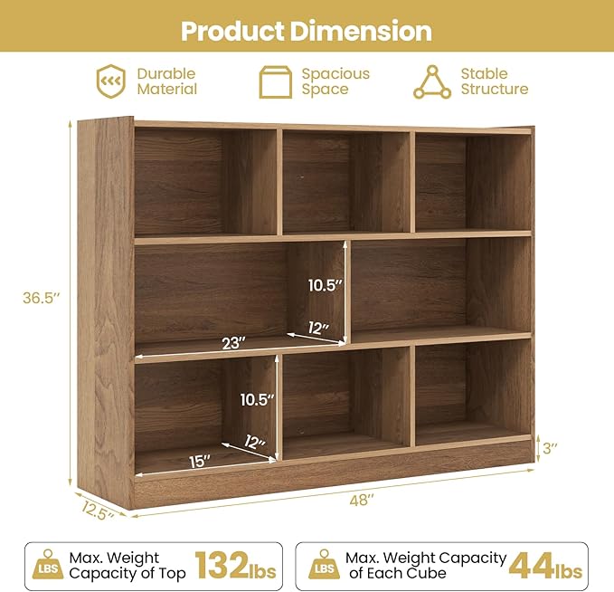 Tangkula 8-Cube Bookcase, Wood 3 Tier Open Storage Bookshelf, Modern Multipurpose Display Cabinet for Living Room, Study, Reading Nook, 48 x 12.5 x 36.5 Inch, Natural