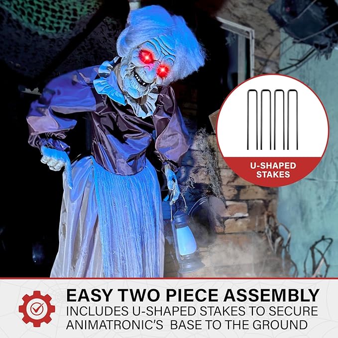 Haunted Hill Farm Lifesize Animatronic Scary Old Lady Zombie with Motion Activated Lights and Sound, Battery-Operated Indoor or Covered Outdoor Halloween Decoration