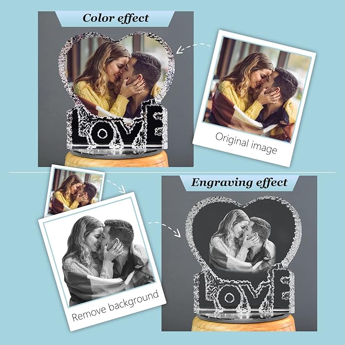 3D Crystal Photo, Heart-Shaped Love Photo Custom Night Light Personalized 3D Crystal Lamp with Bluetooth Rose Audio, Crystal Photo Frame Best Gift for Couple Love Women Men Wedding Christmas