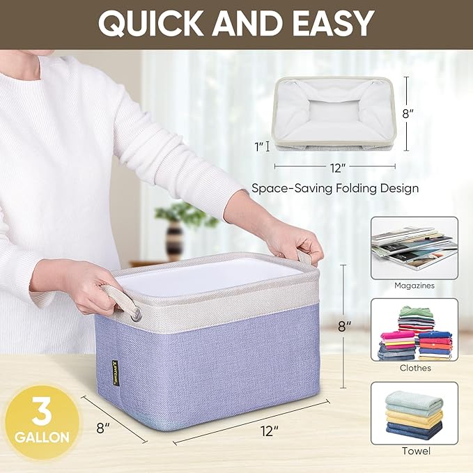 BALEINE 2 Pack Fabric Storage Bins for Shelves, Linen Storage Baskets for Organizing, Decorative Closet Bins for Clothes, Home (Lavender, 12"x8"x8")