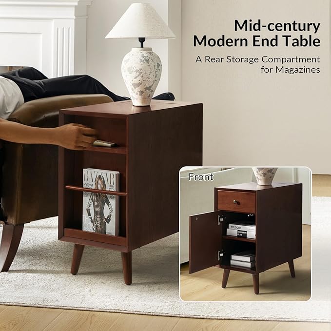 HULALA HOME End Table with Drawer and Charging Station, Modern End Table with USB Ports and Outlets, Wooden Side Table with Storage-Walnut