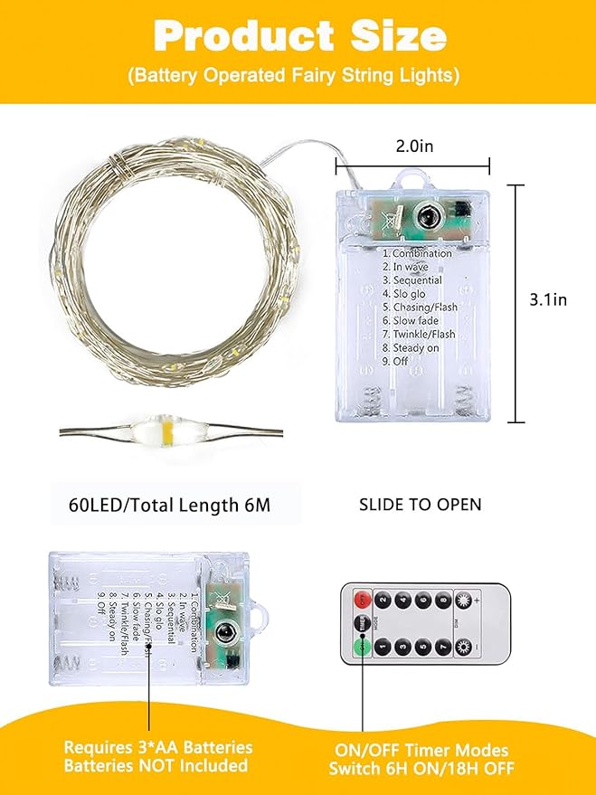 6 Pack 60LED Battery Operated Fairy Lights with Remote, 8 Modes LED String Lights with Timer, Dimmable, Memory Function, Waterproof Twinkle Fairy Lights for Outdoor Indoor Christmas Decor(Warm White)
