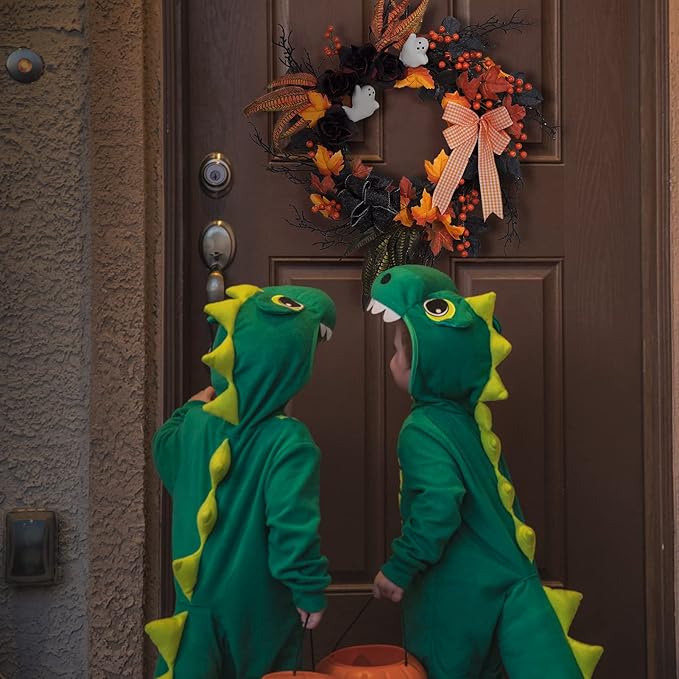 Adeeing 26 Inch Halloween Wreaths for Front Door, Halloween Decorations Ghost Wreath with Feathers Artificial Black Rose and Ribbon for Indoor Outdoor Home Party Decor