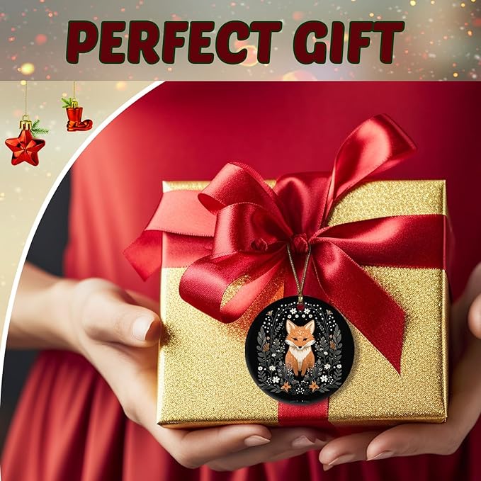 Fox Ornament, Fox Gifts for Women Girls Men,Gifts for Fox Lovers, Cottagecore Botanical Fox Ceramic Ornaments, Fox Decorative Hanging Ornament