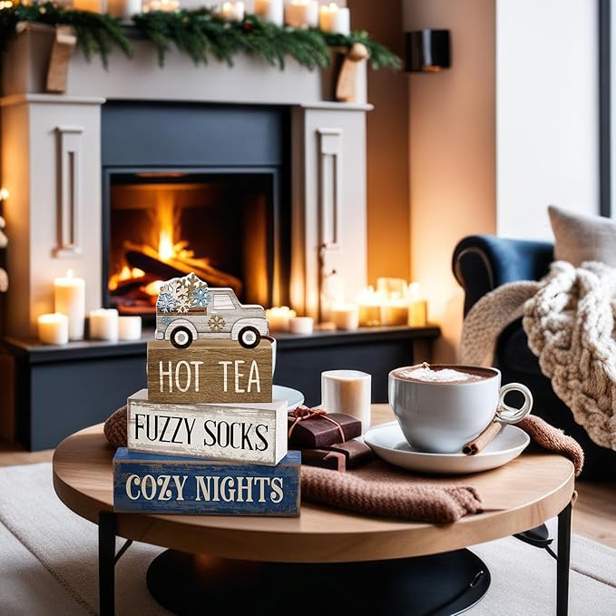4 Pcs Christmas Table Decorations Wooden Snowflake Truck Decor Winter Tiered Tray Decor Christmas Centerpiece Rustic Decorative Truck Block Sign Gift Farmhouse for Home Kitchen Shelf