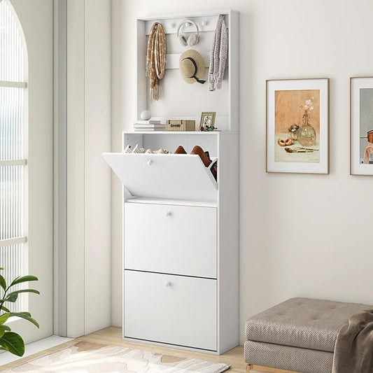 Shoe Storage Cabinet with 3 Flip Drawers, Narrow Shoe Cabinet with 9 Hooks Coat Rack, Freestanding Slim Shoe Storage Organizer for Entryway, Hallway, Entrance, Bedroom, Living Room, White