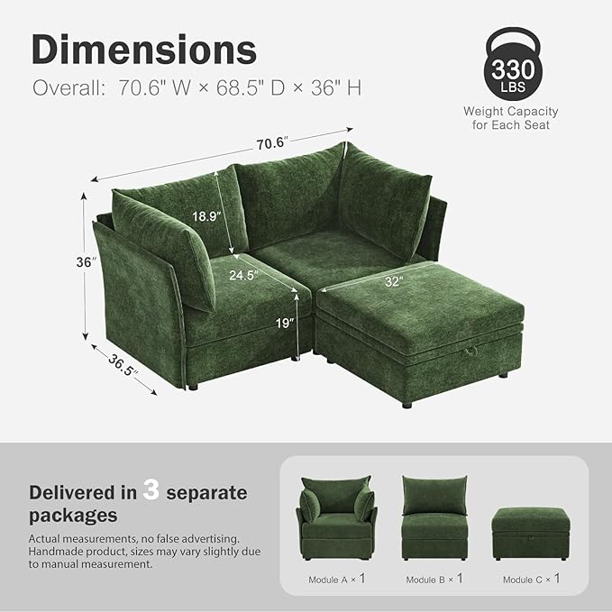 Luxury Modular Sectional Sofa, L-Shaped 3-Seat Couch with Storage Ottoman Deep Seat & Reversible Chaise Lounge Chenille Green for Compact Spaces, Apartments, Dorm