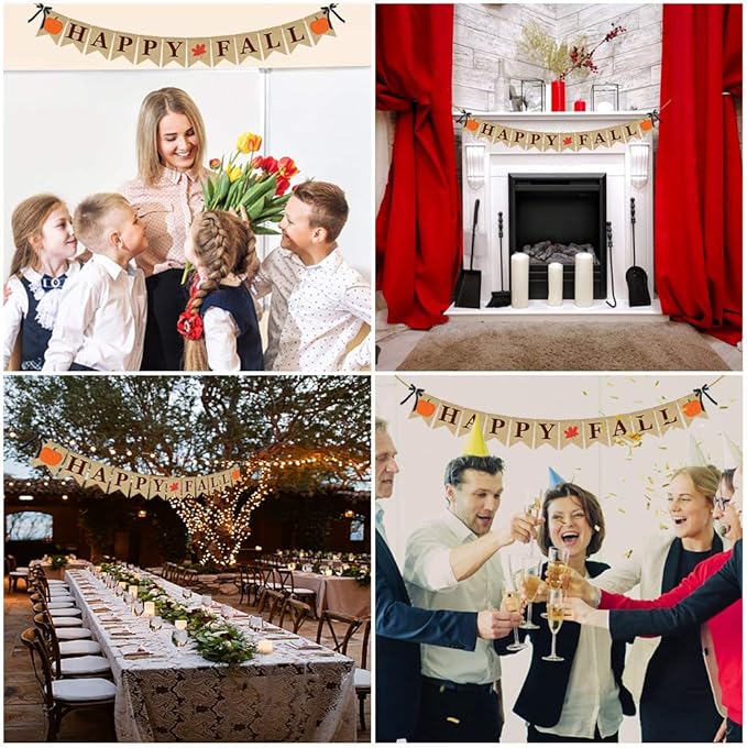 ERKOON Burlap Banner Happy Fall Sign Pumpkin Flag Rustic Natural Fall Harvest Banner for Autumn Home Party School Party Decoration