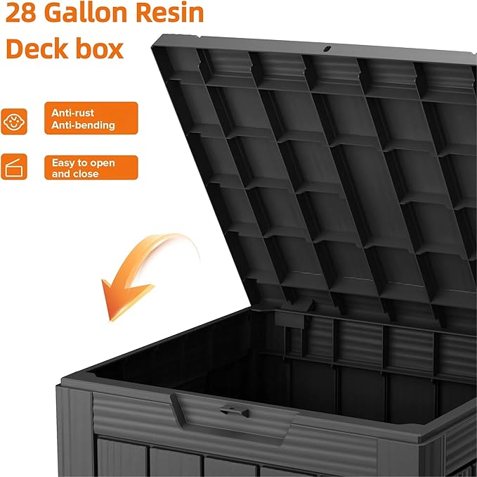 Outdoor Storage Box 28 Gallon, Deck Box Waterproof Resin with Lockable Lid, UV-Resistant Patio Storage Box for Pool Supplies, Garden Tools, Black