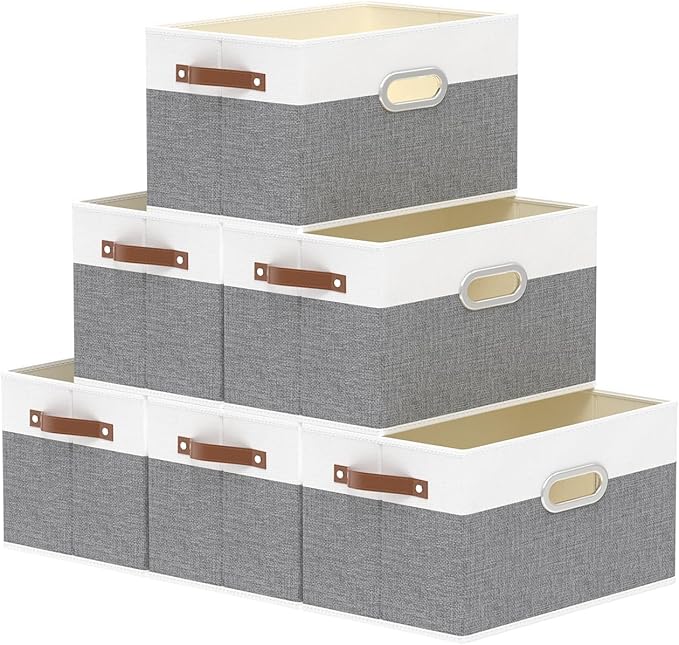 Yawinhe Fabric Storage Baskets, Foldable Closet Organizer for Shelves, Large Boxes with 3 Handles, Canvas Bins for Clothes, White/Grey, 12.99''Lx9.05''Wx7.87''H, 6-Pack