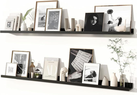 Fun Memories Picture Ledge Shelves Set of 2, 55 Inch Rustic Wall Mounted Floating Shelves with Lip for Home Storage and Décor in Bathroom, Kitchen, Nursery, Bedroom, Living Room, Black