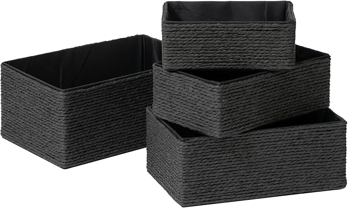 LA JOLIE MUSE Storage Baskets Set 4 - Sturdy Woven Paper Rope Decorative, Stackable Wicker Baskets for Makeup Closet Bathroom Bedroom (Ebony Black)
