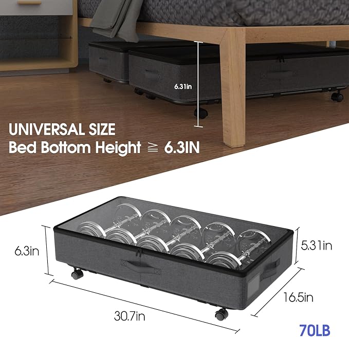 Under Bed Storage with Wheels, 2 Pack Under Bed Storage Containers with Transparent Lid, 50L Large Capacity Underbed Storage Containers, Underbed Storage Bins for Clothes, Shoes, Books, Toys, Black