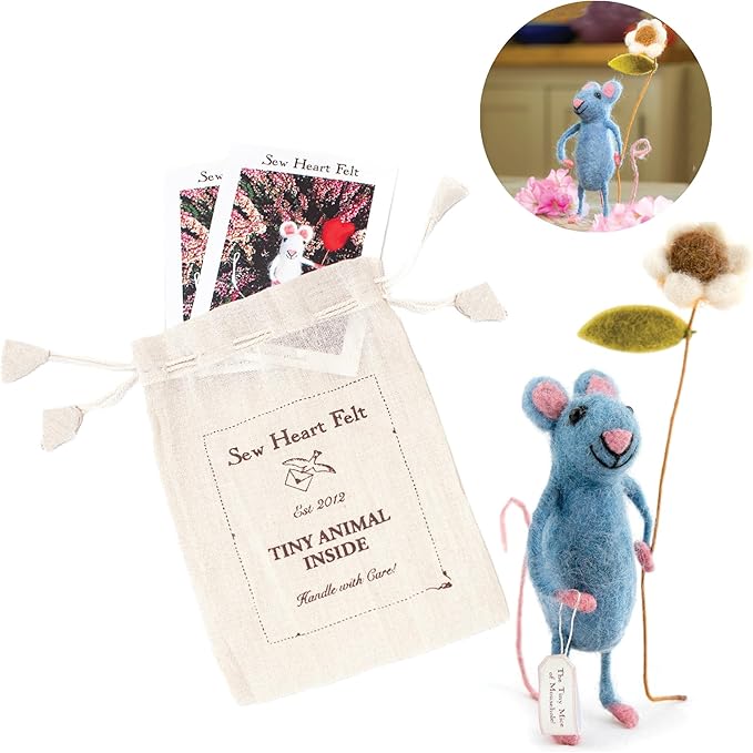 | Hand-Felted Pretty Blue Mouse with Flower | Organic Wool Home Decor | Fair Trade Plush Animal Ornament | Gift for Any Occasion | Perfect for New Spaces & Home Accessories