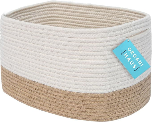 OrganiHaus Long Storage Basket, Shoe Basket, Woven Baskets for Storage, Cotton Rope Basket for Organizing, Towel Baskets for Bathroom, Decorative Baskets, Rectangular Storage Basket, Honey