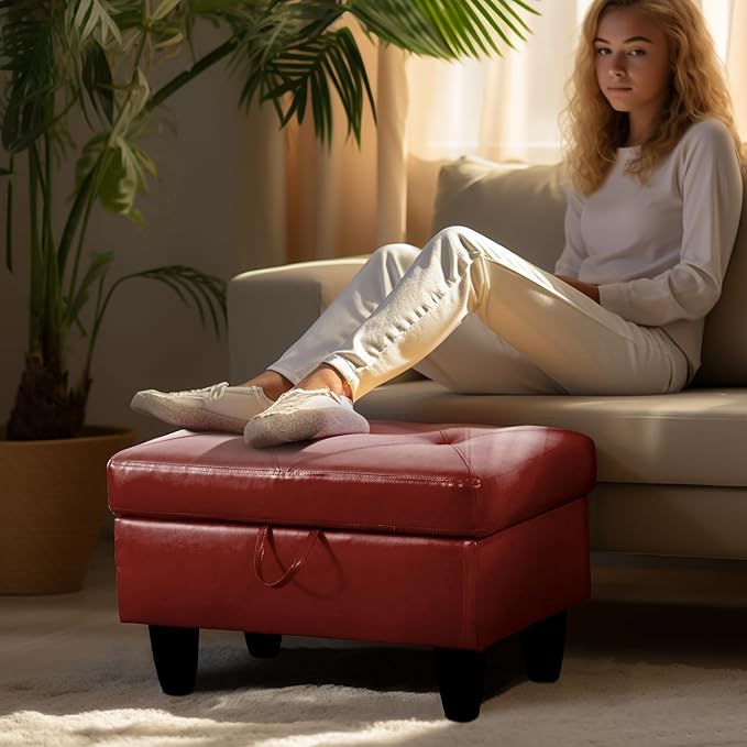 Ottoman Rectangular Storage Ottoman Bench, Faux Leather Footrest, Coffee Table, Stool Footstool with Hinged Lid for Living Room, Bedroom, Entryway, Red, 28.5"x19"x17.5"