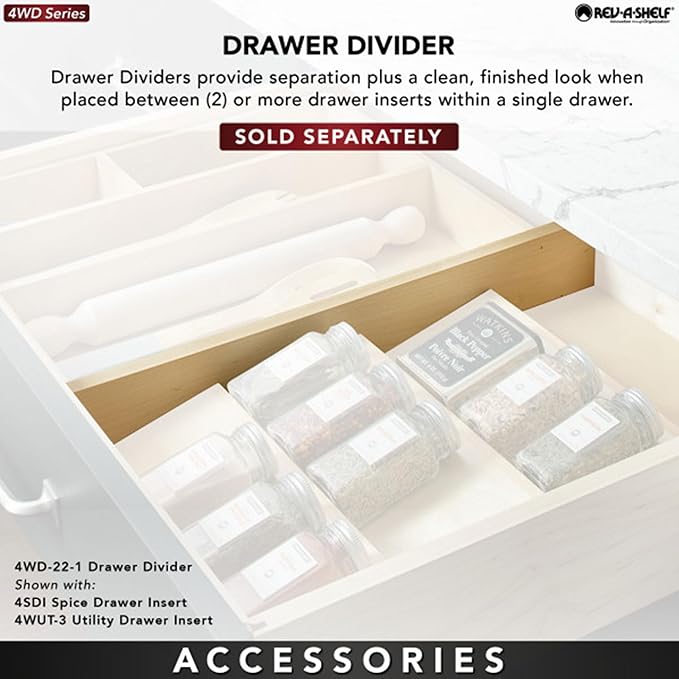 Rev-A-Shelf 16" 3 Tiered Seasoning Organizer, Trim-to-Fit Wooden Kitchen Draw and Cabinet Home Storage Insert, Pull Out Spice Rack, Maple, 4SDI-18