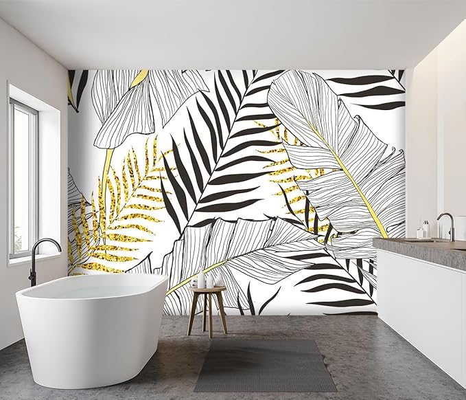 '-Black and Gold Tropical Botanical Banana Leaf Fabric Wallpaper Living Room Bedroom Bathroom Abstract Plant Large Wall Mural- 137"x96"（ not Peel and Stick）