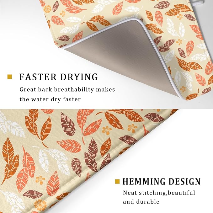 Fall Leaves Dish Drying Mat for Kitchen Counter Autumn Orange White Leaves Seasonal Super Absorbent Reversible Microfiber Kitchen Countertop Protector Dishes Pad Large 18x24 inch