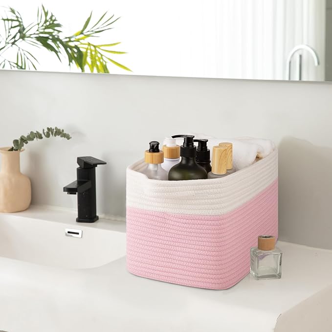 OIAHOMY 3 Pack Storage Basket for Organizing, 13''X9.85''X8.7'' Woven Storage Bins with Handles, toy organizers,Stylish Room Decor, Pink & white