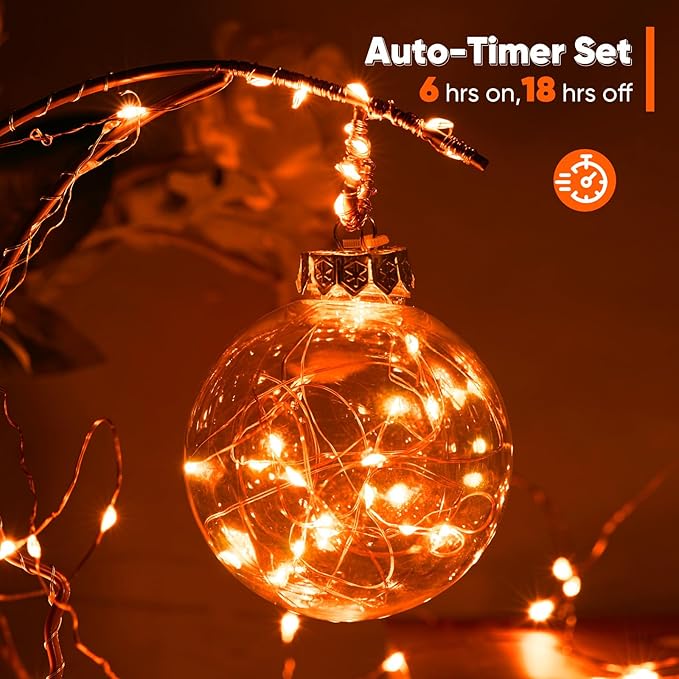 1 Pack 32.8 Ft. Battery Operated Outdoor String Lights with Remote & Timer, LED Orange Fairy Lights, Waterproof Twinkle Lights for Bedroom, Dorm, Mason Jar, Wedding, Party, Christmas