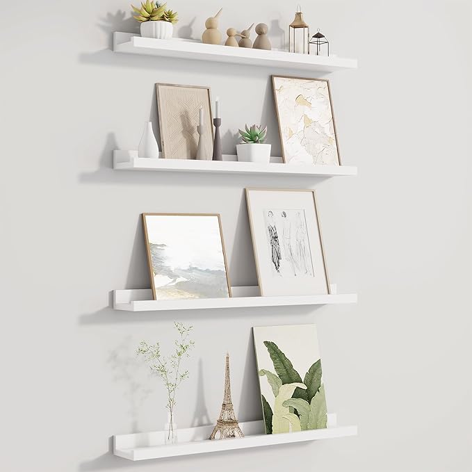 Picture Ledge Shelf for Wall, Floating Shelves Set of 4, 24 Inch Long Nursery Book Shelves for Toys Storage, Kids Bookshelf Wall Mounted for Books Photo Frames, White