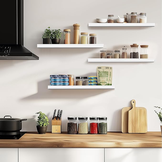 Floating Wall Shelves 4-Pack - Rustic White 16-inch Wooden Wall Shelves for Storage and Décor, Multi-Functional and Easy to Install for Living Room, Bedroom, and Kitchen