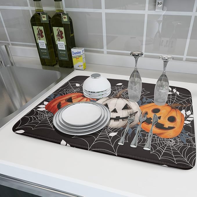 Halloween Dish Drying Mat for Kitchen Counter Spooky Pumpkins Spiderweb Super Absorbent Reversible Microfiber Kitchen Countertop Protector Dishes Pad Large 18x24 inch