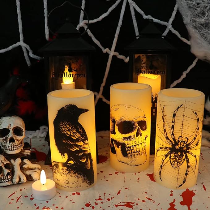 Halloween Flameless Candles with 6H Timer, LED Pillar Candles mit Skull, Spider Web, Crow Raven Decals Set of 3, Battery Operated Real Wax Candles, Halloween Decor Horror Gothic Punk